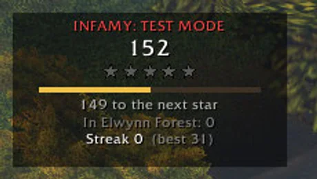 The Infamy box: Infamy 152, five empty stars, a progress bar and 149 to the next star
